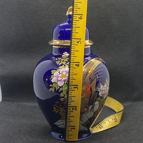 Cobalt Blue Ginger Jar w Lid | Japanese Kutani Style Gold Floral Bird Vase - Picture 7 of 8